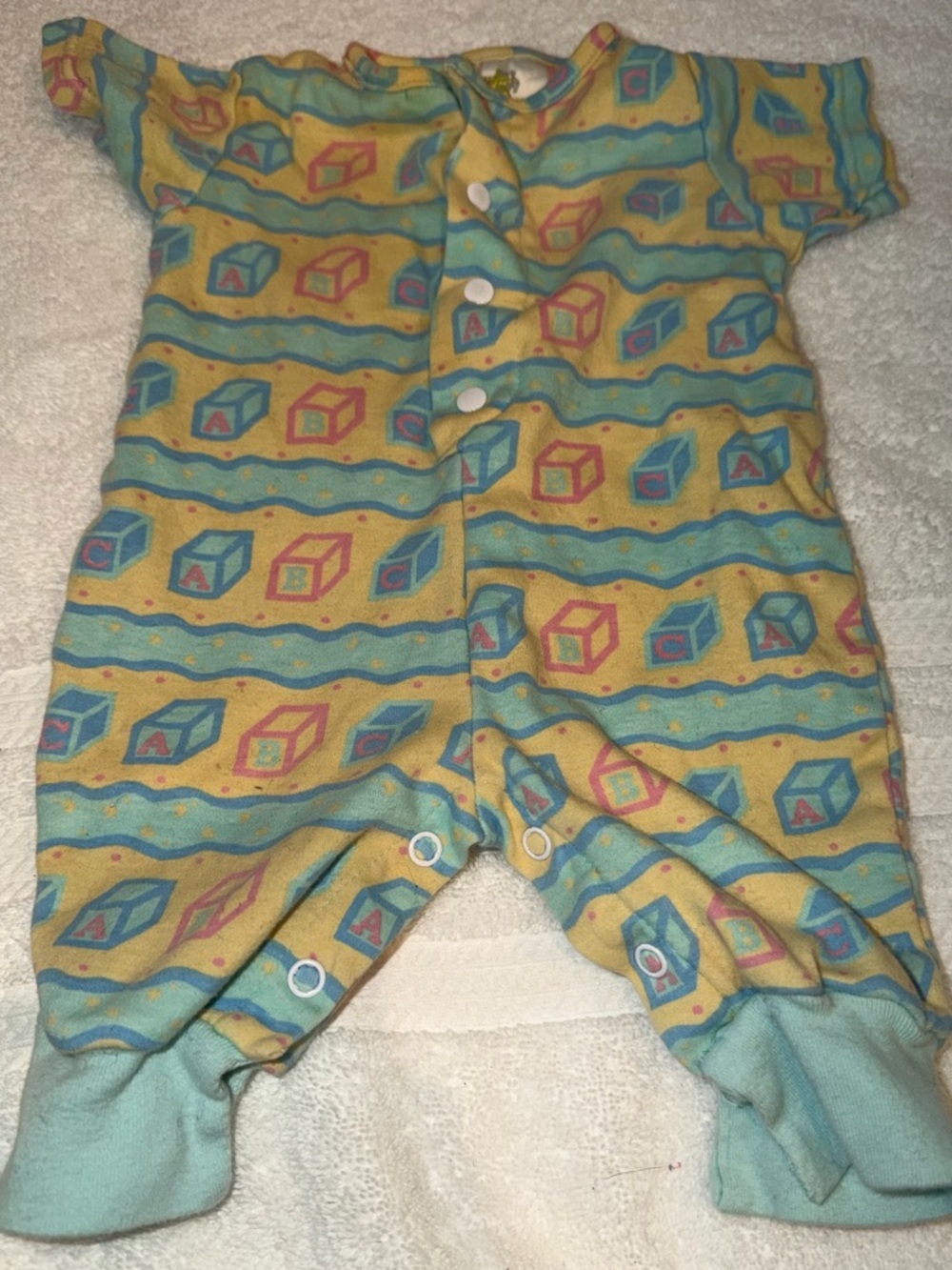 Vintage Cuties by Judy size newborn button up abc yellow blue pink romper baby